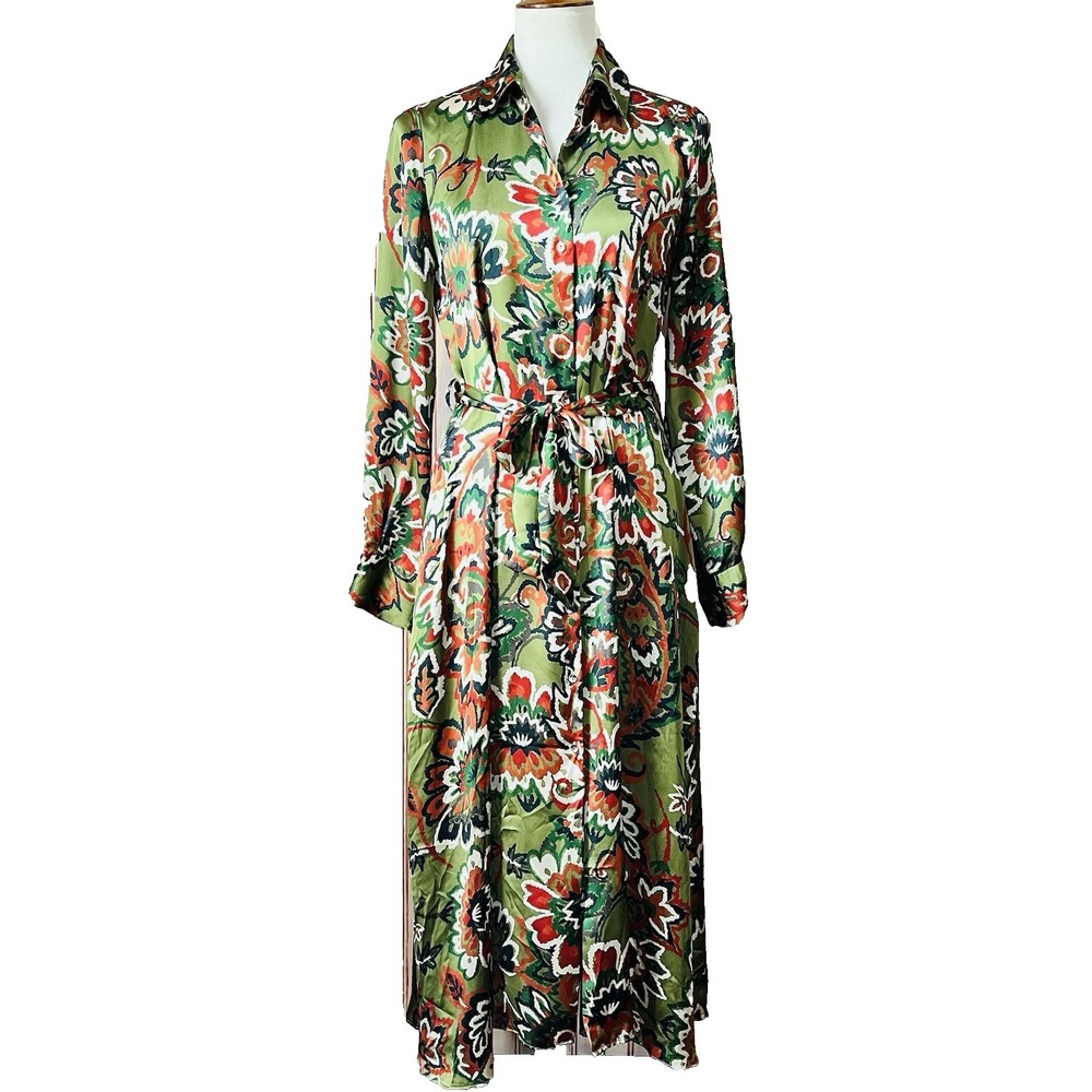 Zara Satin‎ Floral Classic Shirt Dress Belted Green Rust Midi Button Front M